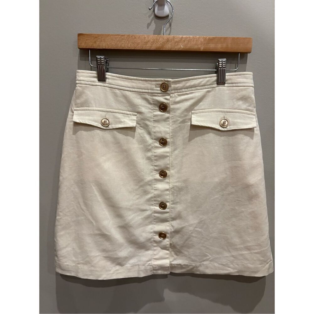 J Crew 4 cream gold bottom front linen blend lined pencil mini skirt EUC